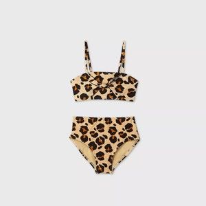 Girls' Leopard Print High Waist Bikini Set - art class- Tan- 4/5
